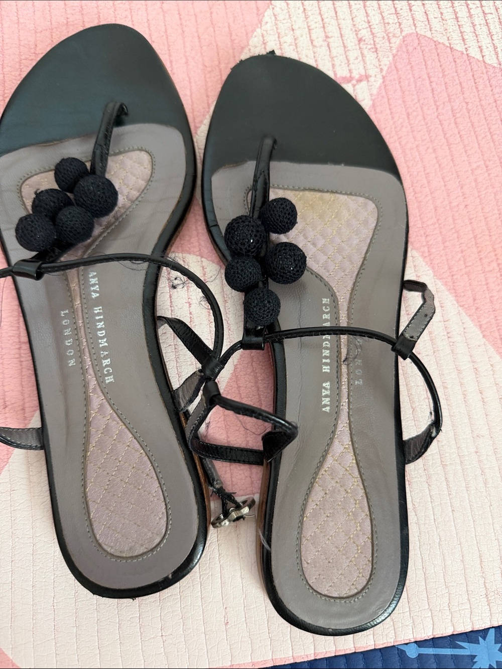 Anya Hindmarch Black and Gray Pom-Pom Thong Sandals